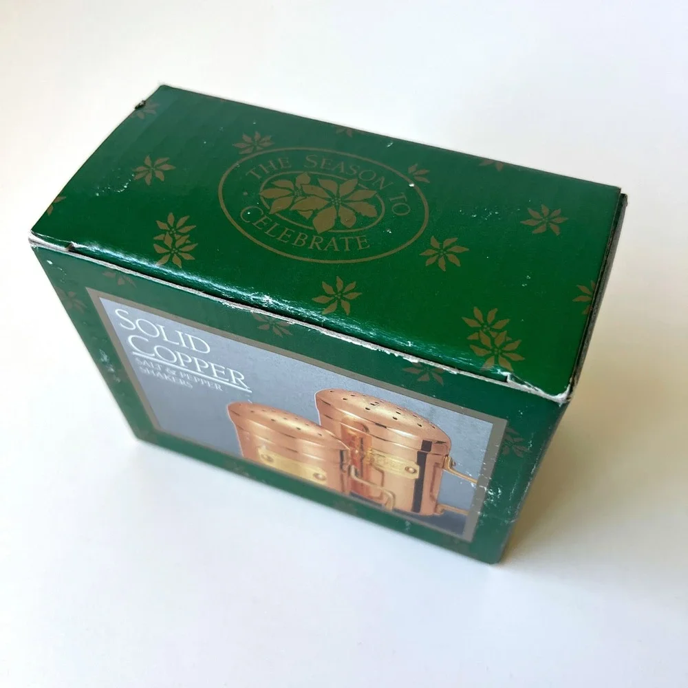 Vintage Solid Copper Salt & Pepper Shakers Brass Handles Boxed Made in Korea